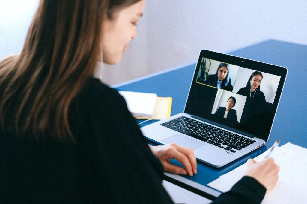 A video conference on a laptop