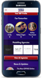 A Samsung mobile phone displaying the fan favourite profiles page of the I Can Make You A Supermodel App