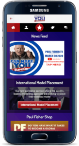 A Samsung mobile phone displaying the homepage of the I Can Make You A Supermodel App