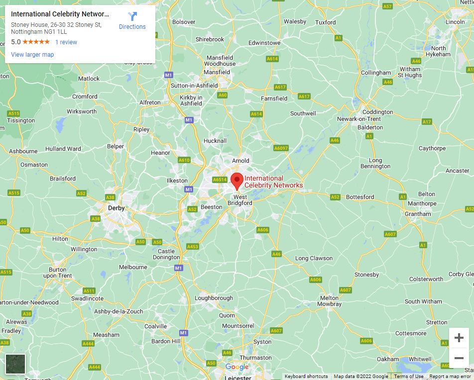 Google Maps Image of the location of International Celebrity Networks offices within Nottinghamshire