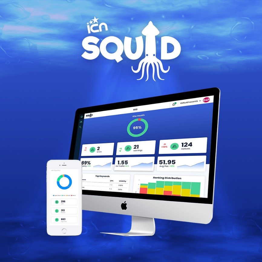 ICN SQUID Digital Marketing Platform data dashboard being shown on mobile and desktop screens. The dashboard shows multiple full-colour data graphics and tables with statistics on marketing data.